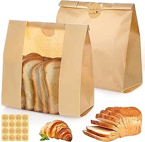 130 Pack Homemade Sourdough Bread Bags, 14" x 8.3" x 3.5" Large Paper Bread Bag with Window 160 Stickers for Bake Sale Bakery Storage