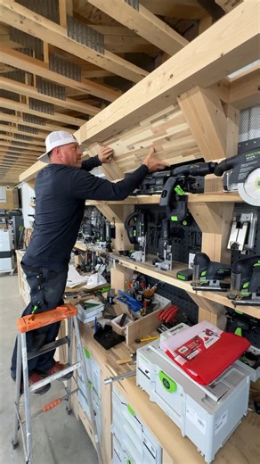 Dustin Mitchell on Instagram: "Slicing up some butcher block on the @festoolcanada STM 1800 workbench with the TS 60 track saw so I can make some signs and finish up the tool shelves"