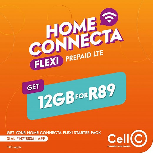 Get fast, prepaid Wi-Fi that’s as flexible as you are with our NEW 4GB and 12GB Home Connecta Flexi bundles! No contract, no commitment! Get your Home Connecta starter pack today! T&Cs apply. #ChangeYourWorld | Cell C