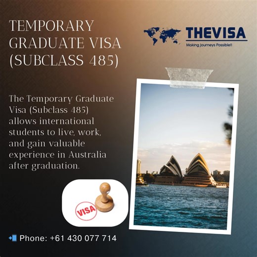 🎓 Temporary Graduate Visa (Subclass 485) 🇦🇺 Just completed your studies in Australia? Don’t let your journey stop here! The Temporary Graduate Visa (Subclass 485) allows international students to live, work, and gain valuable experience in Australia after graduation. ✨ Benefits include: ✔ Full-time work rights ✔ Gain Australian work experience ✔ Pathway to permanent residency ✔ Stay longer after studies 📞 Call us today for expert guidance and stress-free processing! 📲 Phone: 61 430 077 714 