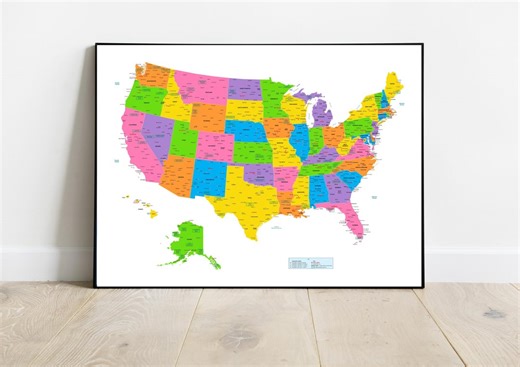 Detailed Map of United States of America, Largest US Cities, USA Print - Etsy Australia