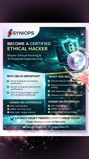 Become a Certified Ethical Hacker and master the skills used by cybersecurity professionals worldwide. Start your cybersecurity journey with SYNIOPS today. 🌐 www.syniops.mu 📧 sales@syniops.mu #cybersecurity #mauritius🇲🇺 #eccouncil #ITCareer #onlinetraining