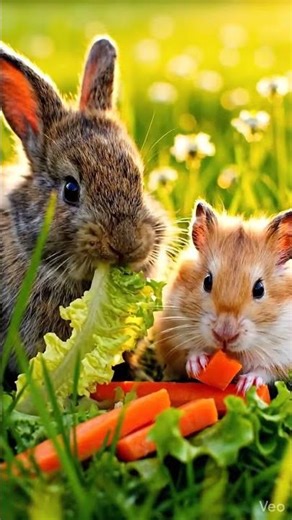 a Netherland Dwarf rabbit and a cute hamster, eating together in a meadow