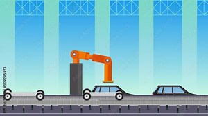 Car assembly factory animation with black car frame and wheel. Automated robot arm assembly line manufacturing vehicle 4K footage. Car production factory with a robotic arm animated video.