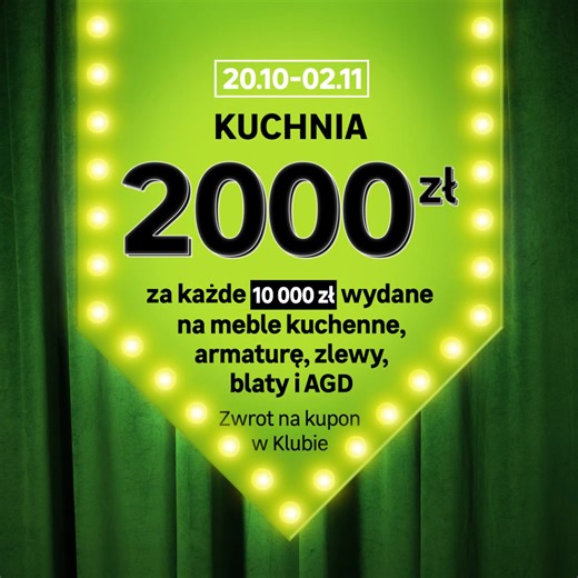 Promocja na kuchnie trwa w Leroy 🍽️ Zwracamy aż 2000 zł na kupon w Klubie za każde 10 000 zł wydane na na meble kuchenne, armaturę, zlewy, blaty i AGD ✨ W dodatku płatność możesz podzielić na 20 rat 0%. ______ Oferta ważna 20.10-02.11.2025 dla Klubowiczów DOM i PRO kupujących Towary Promocyjne, których sprzedawcą jest Leroy-Merlin Polska Sp. z o.o. Maksymalna łączna wartość Kuponu(ów) otrzymanych w ramach Promocji to 4000 zł, pod warunkiem braku modyfikacji lub anulowania transakcji bądź zamówi