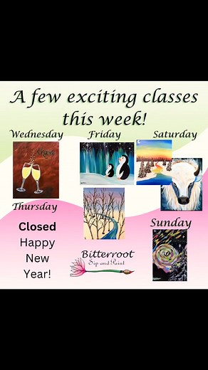 Ringing in the New Year with some pretty epic paintings! #bitterrootsipandpaint #sipandpaint #allthefun #paintingwithfriends #publicartstudio #billingsmontana | Bitterroot Sip and Paint