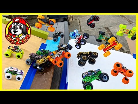 Monster Jam Toys & Hot Wheels Monster Trucks - 64 MONSTER TRUCKS Super 16 LANE Downhill Race!