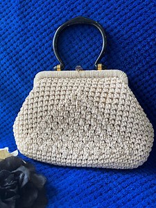 1950s Handbag Cream Woven Body and Black Lucite Handle Vintage Original - Etsy UK