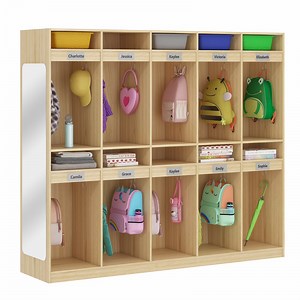 Advwin 10-Section Classroom Coat Locker with 10 Cubbies, 20 Hooks & Acrylic Mirror, Kindergarten Wooden Lockers for Home, School, Nursery, Daycare