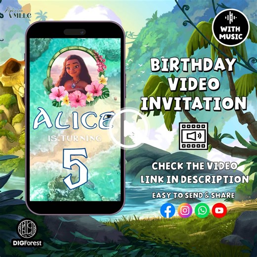 Editable Moana Birthday Invitation | Kids Theme Party Invitation Template | Digital Hawaiian Moana Birthday Invite | Instant Download - Etsy