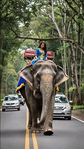 Elephant Walks Through Jungle Road as Cars Move Aside