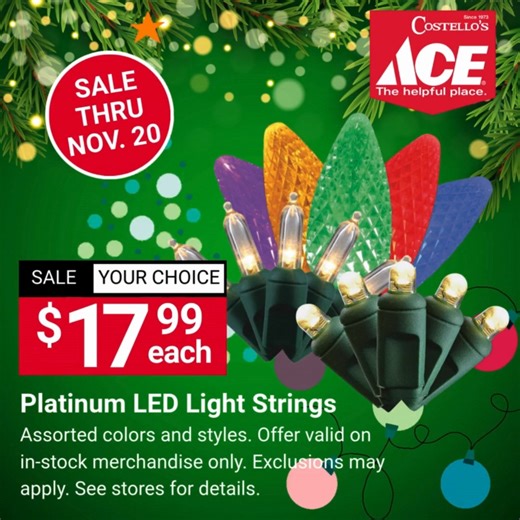 ✨ Light Up Your Holidays & Save! ✨ Get your home glowing with Platinum LED Light Strings — now just $17.99 each at Costello’s Ace Hardware! Available in assorted colors and styles — perfect for trees, porches, and all your festive décor. 🌈💡 Don’t wait — this bright deal is good now through November 20th! 👉 See store for details and make your holidays shine! 🎄 #AceHardware #HolidayLights #CostellosAce #LightUpTheHolidays #LEDLights #HolidayDecor | Costello's Ace Hardware