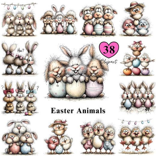 38 Easter Animals Clipart JPG, Easter Egg Friends, Whimsical Cute Easter Clipart, Kids Nursery Animal Art - Etsy