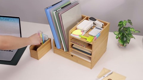 Cozivolife Bamboo Desk Organizer with File Holders, Wooden Table Files Storage with Adjustable Pen Holder and Drawer, Desktop Letter Paper Tray Rack for Office Home School (Bamboo)