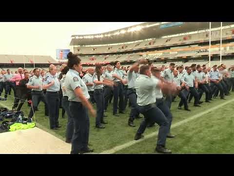 Police officers perform a haka at the funeral of Constable Matthew Hunt