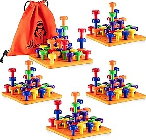 Shappy Toddler Peg Board Kids Montessori Colorful Stackable Toys 120 Pcs Pegs with 4 Foam Board 4 Sets Learning Educational Toy for Preschool Color Recognition Counting Skill with Lacing String Bag