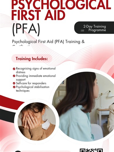 🧠 PSYCHOLOGICAL FIRST AID (PFA) 2-Day Training Programme In high-pressure environments, emotional distress can happen anytime — at the workplace, during crisis situations, or after critical incidents. The real question is: Are your leaders and teams equipped to respond appropriately? Psychological First Aid (PFA) is a practical and structured training designed to equip participants with essential skills to provide immediate emotional support and stabilisation during stressful or traumatic situa