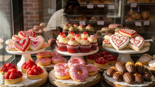 Delightful bakery window display featuring heart themed cookies, cupcakes, and pastries for Valentines day.