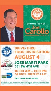 Join us at Jose Marti Park for a drive-thru food distribution event on August 4! We'll be there from 10 AM to 1 PM (or until supplies last). Don't miss this chance to get essential food items. See you there!  #FoodDrive #FarmShareInc #cityofmiami @JoeCarolloNow | City of Miami Government | Facebook