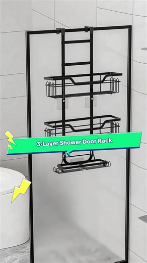 Shower Door Storage Rack, 1 Count Multifunctional Durable Shower Storage Rack with Hooks & Suction Cups, Bathroom Storage Rack for Soap, Shampoo, Conditioner, Organizer, Bathroom Organizing Accessories