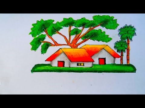 How to Draw a Village House Scenery with Beautiful Trees | Step by Step Nature Drawing