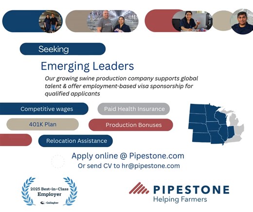 🌱 Grow With Us at PIPESTONE 🌱 PIPESTONE is expanding, and we’re looking for strong leaders to help us create the farms of tomorrow. Our swine production company supports global talent and offers employment based visa sponsorship for qualified candidates. ✨ What We Offer: ✔ Leadership training ✔ Career advancement ✔ Merit based pay 📧 Email your résumé to: hr@pipestone.com 🌐 Apply online: www.pipestone.com #Leadership #CareerGrowth #JoinOurTeam #AgricultureCareers | Pipestone - Helping Farmers