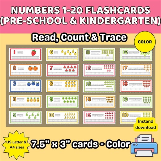 Numbers 1–20 Flashcards | Numbers 1–10 and 11–20 | Preschool, Pre-k, Kindergarten Math Printable | Early Learning Activity - Etsy