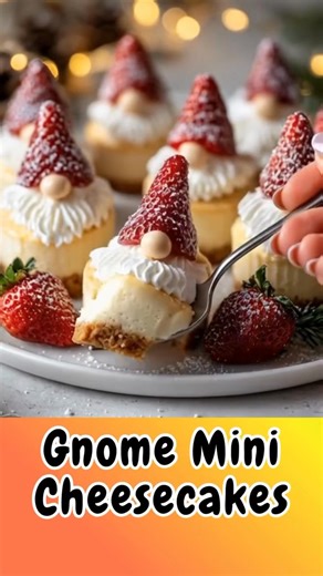 Gnome Mini Cheesecakes Creamy & Adorably Festive These bite-sized cheesecakes are dressed up as cute Christmas gnomes, making them the perfect holiday dessert for parties and gatherings. Yields: 12 mini cheesecakes Prep time: 30 minutes Cook time: 15 minutes Chill time: 4 hours Ingredients For the Crust: · 1 cup graham cracker crumbs · 2 tablespoons granulated sugar · 3 tablespoons unsalted butter, melted For the Cheesecake Filling: · 8 oz (225g) full-fat cream cheese, softened at room temperatu
