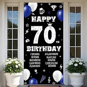 Happy 70th Birthday Decoration for Men Women, Fabric 70th Birthday Backdrop Banner Blue, 70 Year Old Birthday Party Yard Sign Photo Props Door Decor Supplies for Outdoor Indoor
