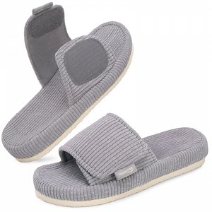 HomeTop Women's Corduroy Open-toe Slippers with Adjustable Closure Light Gray,7-8 US