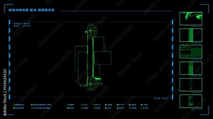Looping, reversible single-panel wireframe display of modular element with related readouts and indicators.