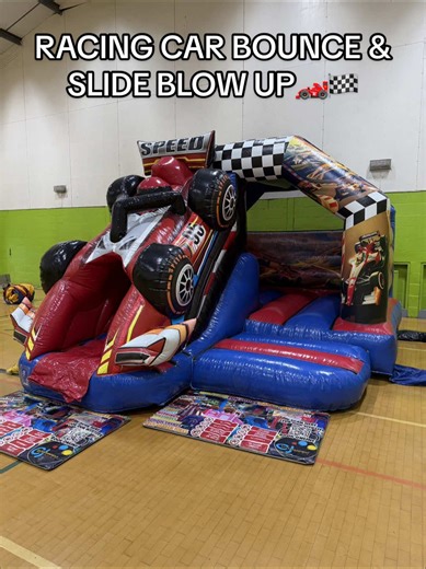 Here is our popular racing car bounce & slide being inflated!🏎️🏁 #fyp #satisfyingvideos #inflatable #bouncycastle #bouncycastlesetup