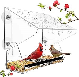 Ermete Window Bird Feeder with Strong Suction Cups, Large View Clear Feeder, Adjustable Feeder with Seed Tray, Rain Proof for Outside