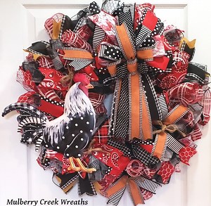 Farmhouse Rooster Wreath: Red, Black, and Yellow Plaid Ribbons - Etsy