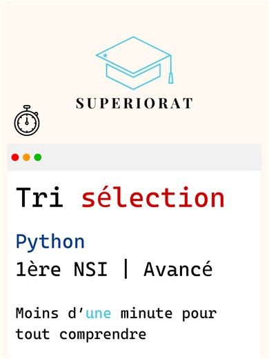 Le tri par sélection • Moins d'une minute pour tout comprendre ! Niveau #1ère #NSI & avancé (#python) #algorithmie #informatique Contenu 100% fait main
