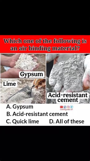 26K views · 147 reactions | Which one of the following is an air binding material? #civilengineers07 #mcqchallenge #civilengineering #constructiontips #civilengineer #civilengineeringdiscoveries #civilengineeringjobs #civilengineeringlife #construction #constructionlife #constructionjobs #trendingreel #trendingreelsvideo #trendingvideo #trendingpost #trend #trendingnow | Civil Engineers 07 | Facebook