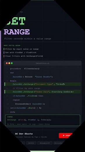 SetRange in AL Language Explained ⚡ | Business Central Dev #Shorts