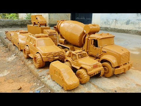 Find & Clean Up Muddy Toys, Big Concrete Mixer Truck, Container Truck, Police Car, Ambulance