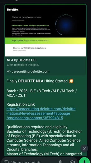 Hemanth J on Instagram: "Finally *DELOITTE NLA* Hiring Started 💥 Batch : 2026 | B.E./B.Tech./M.E./M.Tech./MCA - CS, IT Registration Link https://usrecruiting.deloitte.com/deloitte-national-level-assessement#subpage/engineering/content/357994815 Qualifications required and eligibility Bachelor of Technology (B.Tech) or Bachelor of Engineering (B.E) with specialization in Computer Science; Allied Computer Science streams, Information Technology and all Circuital branches; Master of Technology (M.