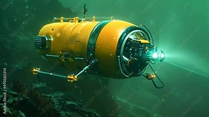 A Yellow Submersible Robot Exploring the Ocean Depths, A robot exploring the depths of the ocean, equipped with advanced sensors and cameras