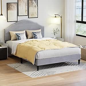 PayLessHere Queen Size Upholstered Platform Bed Frame Fully Upholstered with Fabric Headboard, Wooden Slats, No Box Spring Needed, Non-Slip & Noise-Free Design