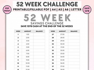 52 Week Savings Challenge Tracker: Printable Money Saving PDF (a4/a5/a6/letter Sizes) - Etsy