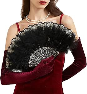 Huralona 1920s Vintage Style Flapper Hand Fan Embroidered Flower Marabou Feather Fan (Embroidered Black)