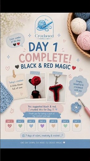 🌹 Day 1 Challenge Complete | red and black Crochet Rose Pot 💚✨