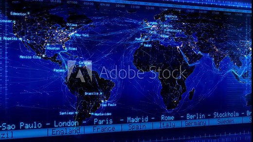 World map with connections and city lights. Loopable world map with major cities names, countries and time zones. Aerial, maritime and ground routes. Blue. More color options in my portfolio.