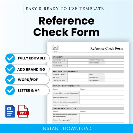 Reference Check Form Template – Word & PDF, A4 + US Letter - Etsy