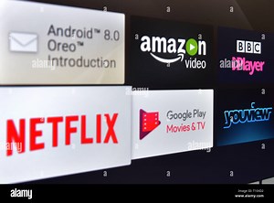 Stock photo of TV programme viewing apps, including, amazon video, BBC iPlayer, Netflix, Google Play and youview, available on a smart television Stock Photo - Alamy