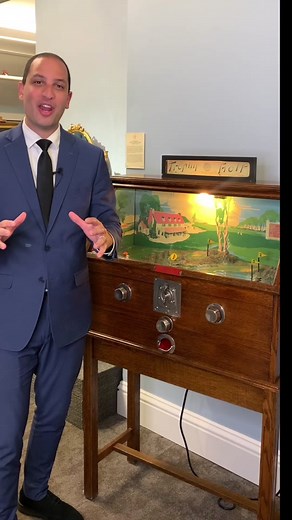 This rare vintage Trophy Golf floor gaming machine is an entertaining testament to the American obsession with both golf and gaming. Created by Automatic Inventions Inc. of New York, the machine is known as a “manikin” model, meaning the player controls the miniature golfer held inside. Simply insert a penny into the machine and turn the knobs to manipulate the golfer’s aim. Play three holes per game, and receive a professional golf ball as a prize if you sink all three. Exciting to play, this t