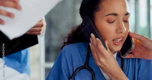 Burnout, doctor with phone call and medical paperwork, stress and administration anxiety, multitasking and overwhelmed in healthcare. Overworked, mental health with coworkers and time management fail