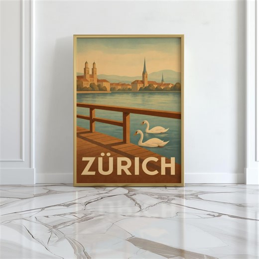 Zurich Retro Travel Poster – Switzerland Lake Old Town Vintage Wall Art - Etsy UK